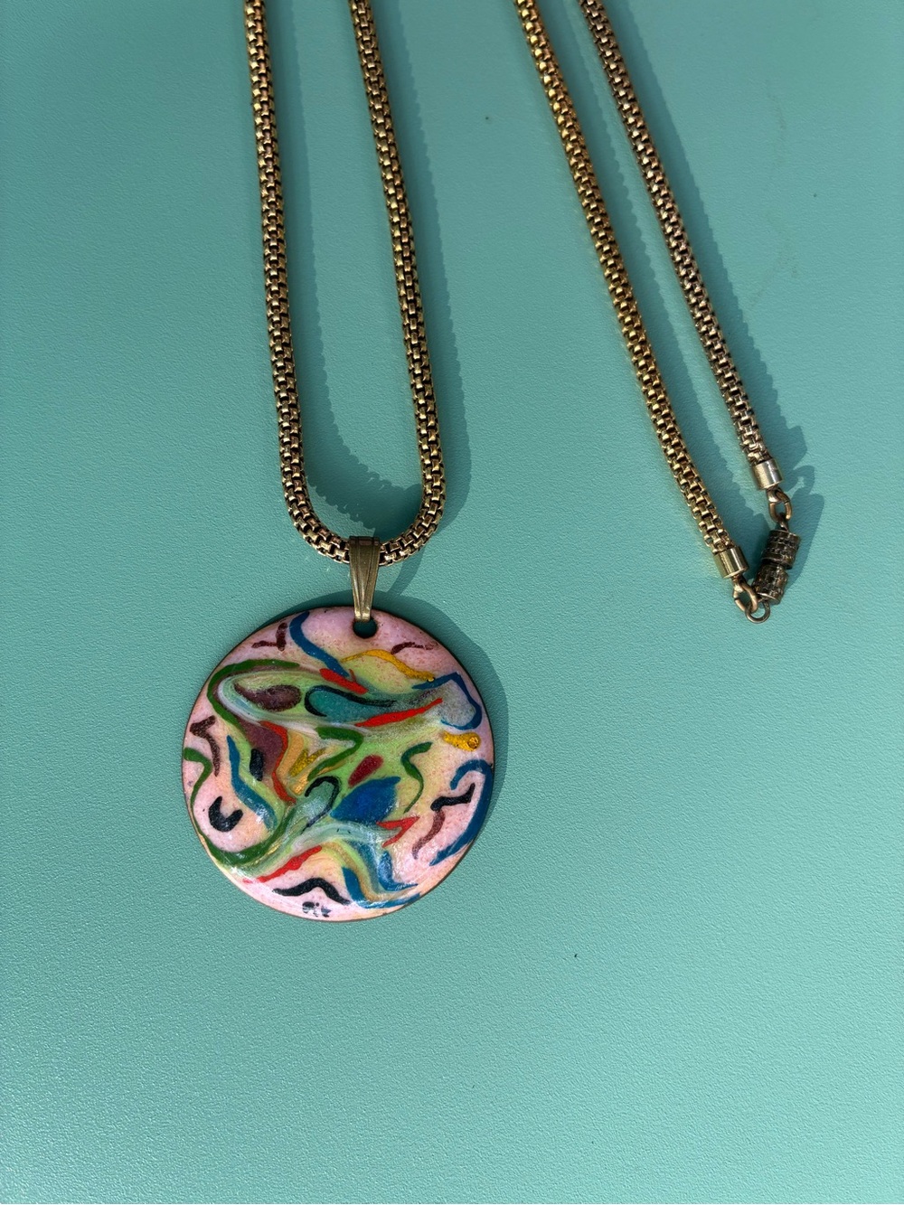 Vintage Abstract Enamel Disc Pendant Necklace Gold Tone Snake Chain